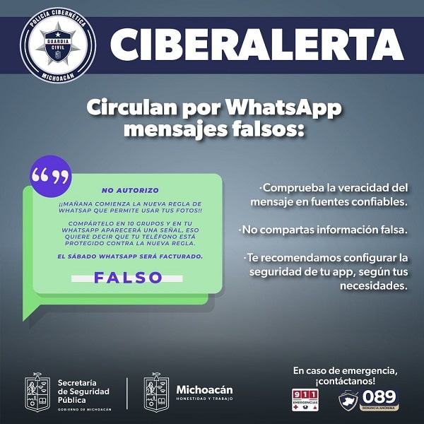 SSP emite alerta sobre cadenas falsas enviadas en WhatsApp