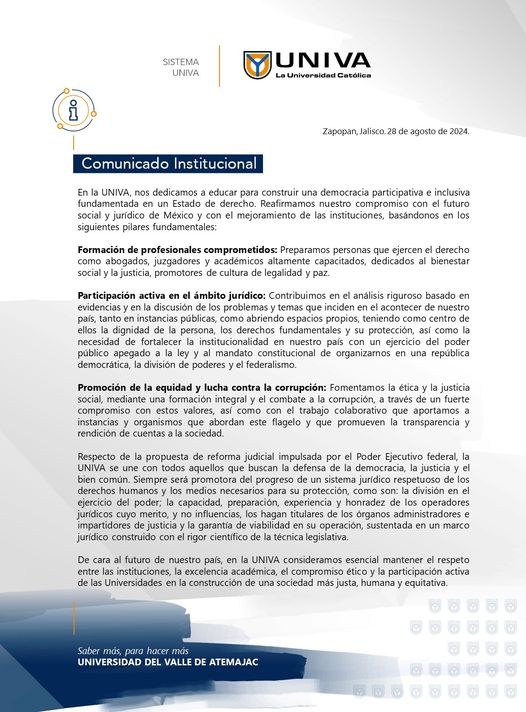Emite UNIVA posicionamiento sobre reforma judicial