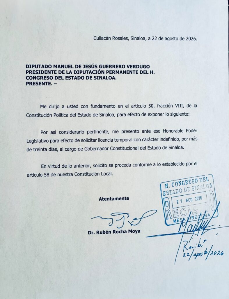 Rubén Rocha Moya vuelve a pedir licencia indefinida como gobernador de Sinaloa